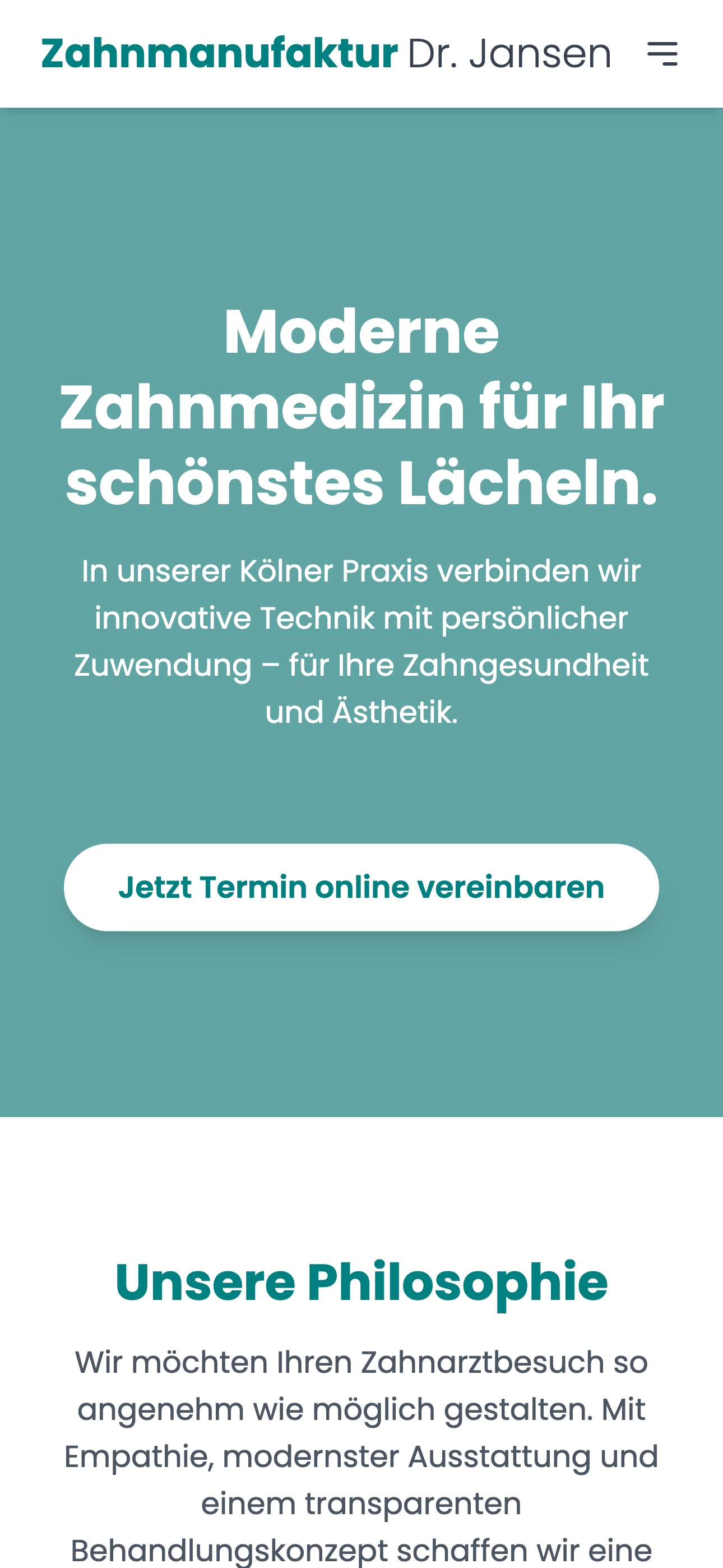 Beispiel für mobile Website einer Zahnarztpraxis